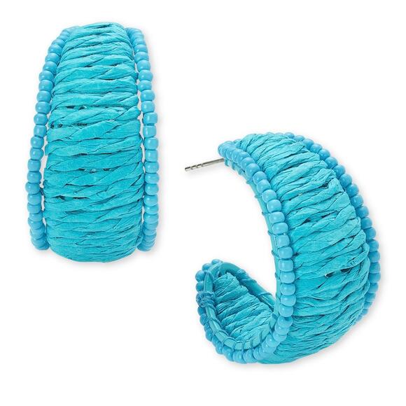 On 34th Silver-Tone Medium Blue Seed Bead & Raffia C-Hoop Earrings - Picture 1 of 4